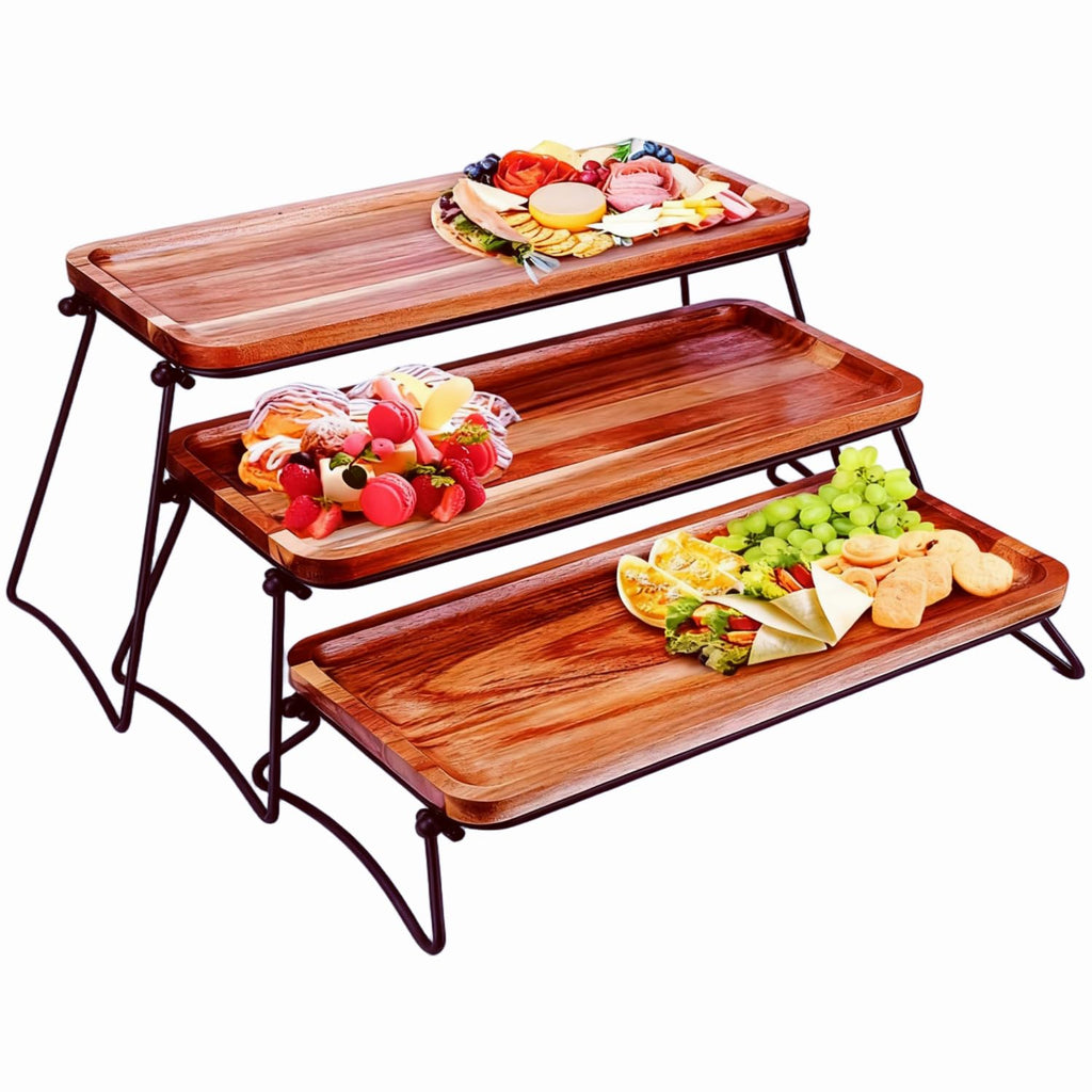 3 Tier Cupcake Stand and Towers Serving Tray for Party, Acacia Wooden Dessert Table Display Set, Rustic Wood Serving Platters & Charcuterie Board for Party, Picnic, Buffet (Brown)