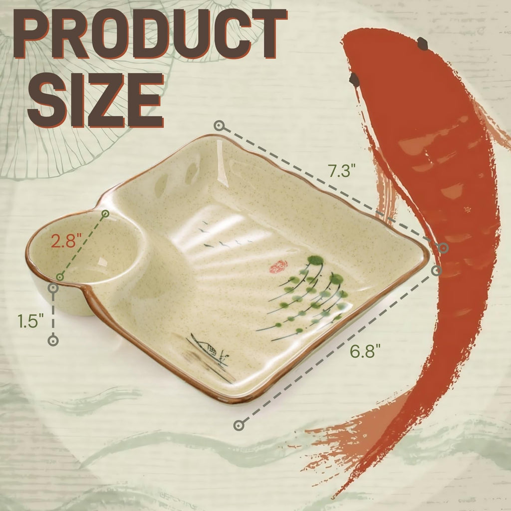 YIMITEE 4 Pack Ceramic Dumpling Plate with Dipping Saucer, 7.3 Inch Japanese Sushi Platter, Chip and Dip Plate, Divided Snack Serving Dish for Appetizer, Charcuterie, Dessert, Salad, Entertainment