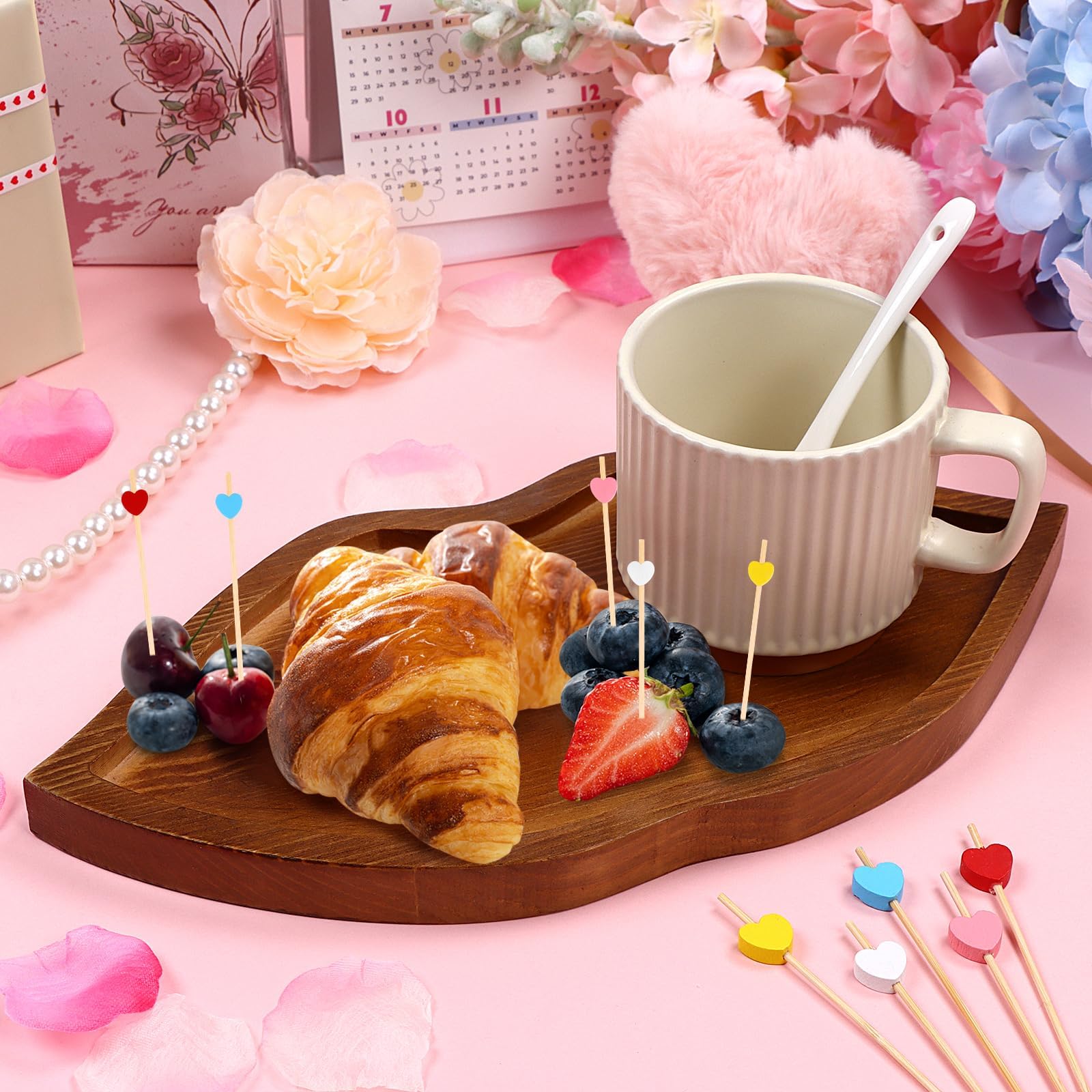 2 Pcs Heart Shaped Charcuterie Board Wood Lips Heart Food Tray Serving Platter with 100 Heart Cocktail Picks Valentines Charcuterie Board Cheese Board for Valentine's Day Decor Kitchen Accessories