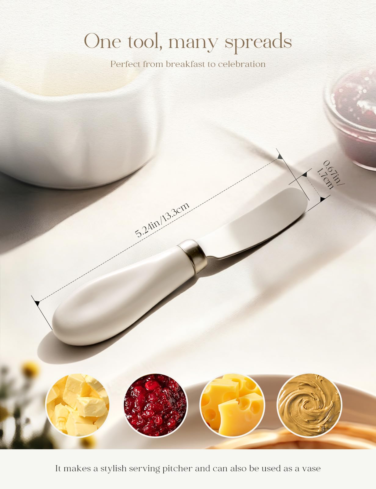AISBUGUR 2 Pack Stainless Steel Butter Spreader Knife, Butter Knife with White Porcelain Handle, Cheese Butter Spreader Knives for Kitchen
