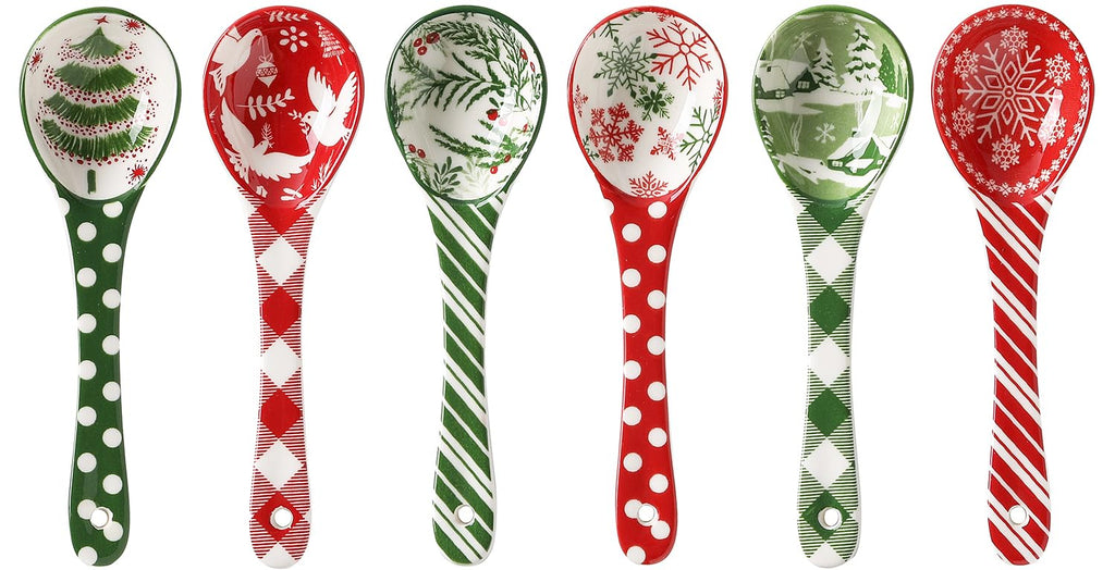 Metahom Christmas Ceramic Spoons, Small Serving Spoons for Soups, Ramen, Cereal, Condiments, Dips, Charcuterie Boards, Dishwasher & Microwave Safe, Set of 6