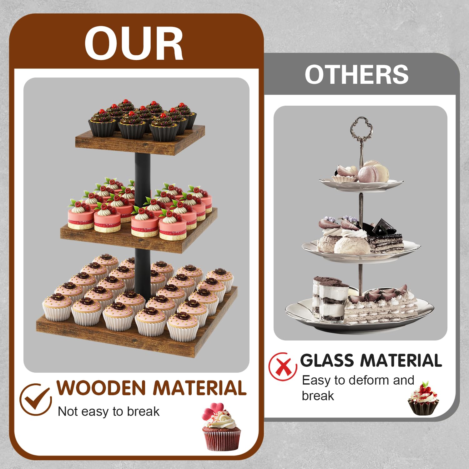 IBUYKE 3 Tier Cupcake Stand,Set of 2,Cupcake Tower,Square Serving Dessert Display Stand,Cupcake Tray Stand,Dessert Tree Tower for Christmas Birthday,Home Party, Wedding,Rustic Brown UTLJ014H-2