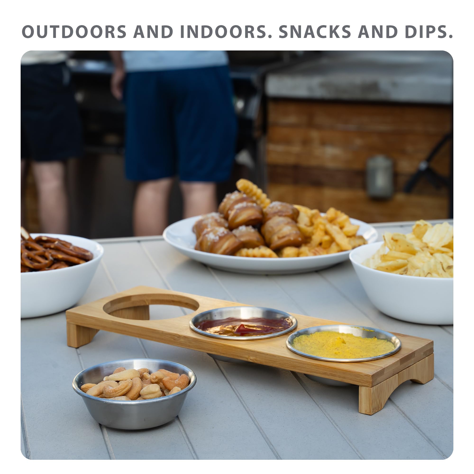 Manor Products Chip and Dip Serving Set with Bamboo Wooden Tray, 3.2-inch Stainless Steel Serving Bowls Ramekins - Candy Dish, Soy Sauce Dish, Salsa Bowls, Dip Tray for Condiments, and Fruit Bowl