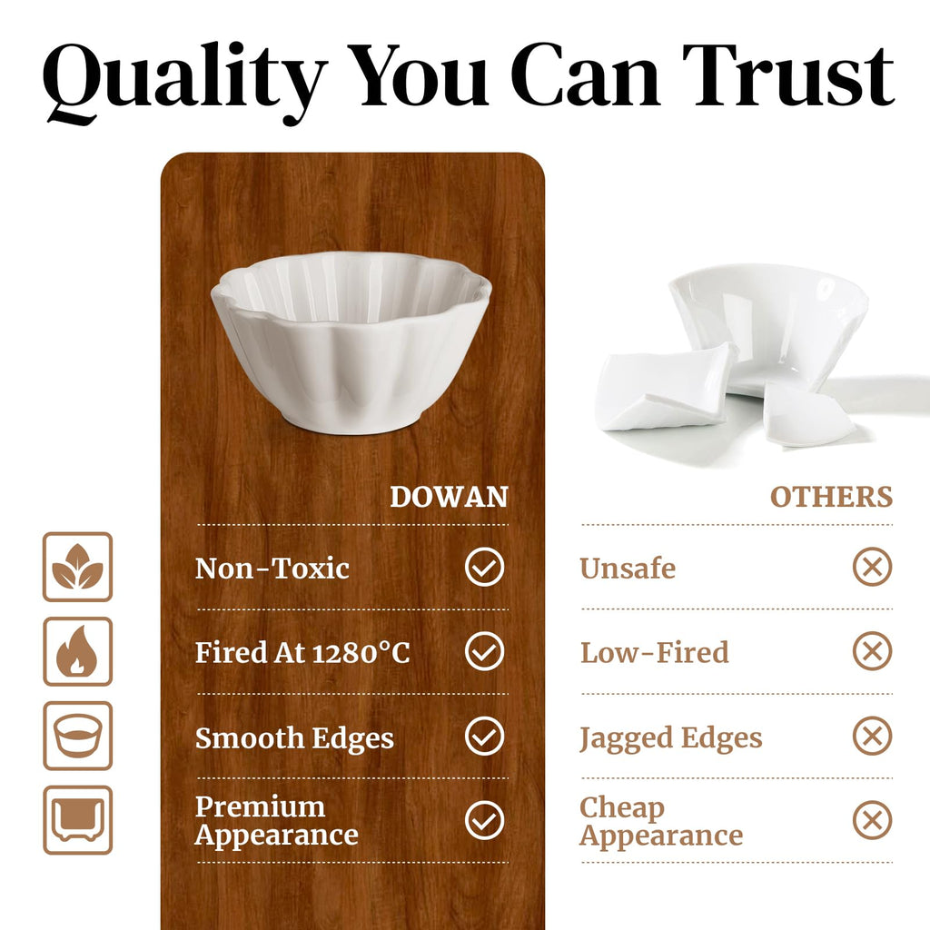 DOWAN Ramekins 4 oz, Creme Brulee Ramekins, Ramiken Oven Safe for Baking, Souffle Dishes Custard Cups, Porcelain Small Dipping Sauces Charcuterie Dessert Bowls, Ceramic Pudding Cups, Set of 6, Soft White