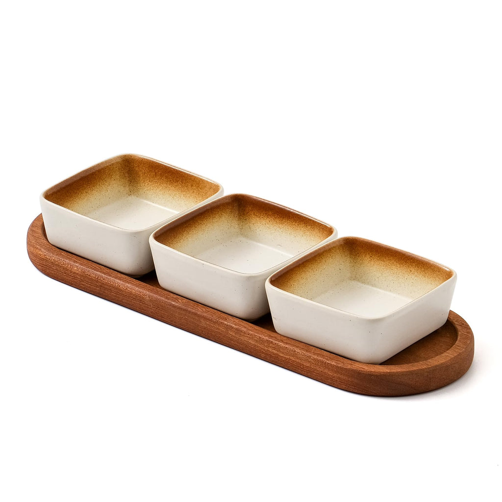 YJR Chip and Dip Serving Set, 3 pcs Ceramic Dipping Bowls with Wooden Tray, 3.5 Inch Small Serving Bowls for Side Dishes, Condiments, Dipping, Pre, Salsa, Entertaining, Party, Buffets, Mocca