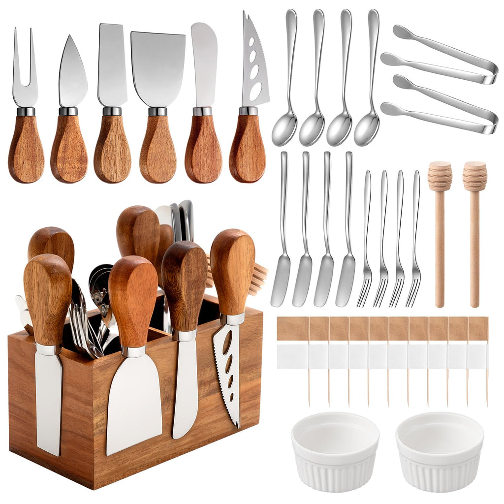 Hushee 44 Pcs Charcuterie Boards Accessories with Magnetic Acacia Wood Holder Wooden Cheese Knife Set for Wood Handle Knives for Cheese Knife Slicer with Tongs, Spoons, Forks, Honey Dipper (Style 2)