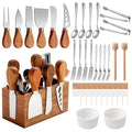 Hushee 44 Pcs Charcuterie Boards Accessories with Magnetic Acacia Wood Holder Wooden Cheese Knife Set for Wood Handle Knives for Cheese Knife Slicer with Tongs, Spoons, Forks, Honey Dipper (Style 2)
