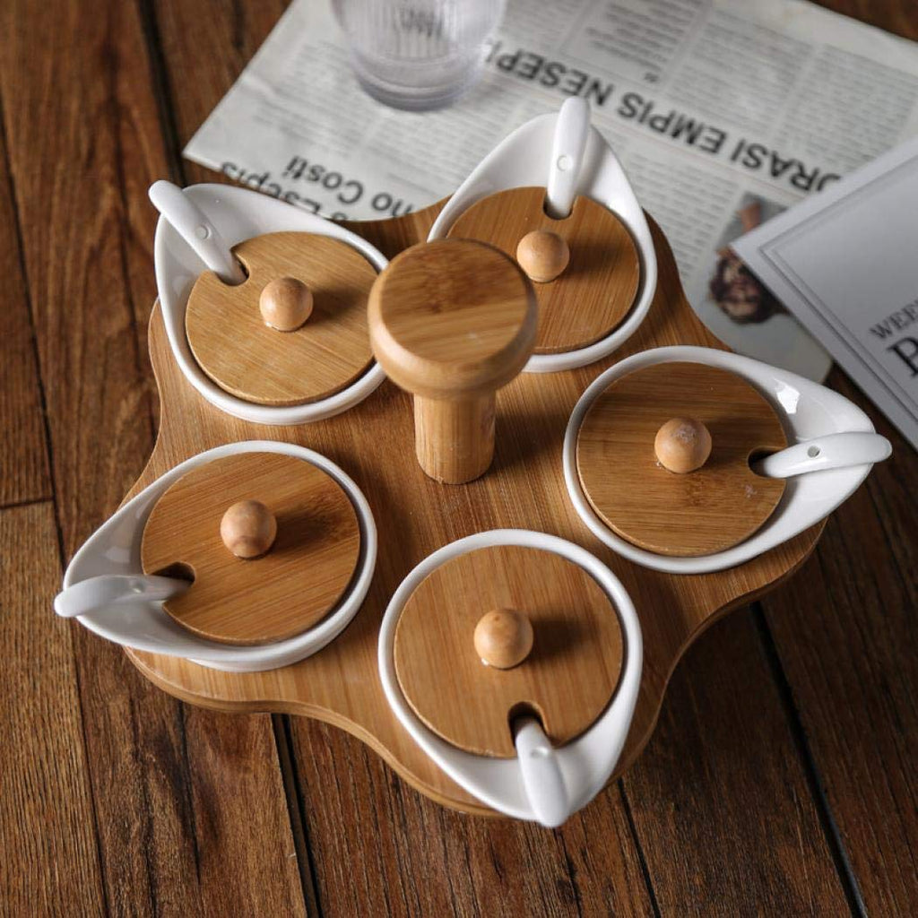 Porcelain Condiment Jar Spice Container with Lids,Bamboo Cap Holder Spot, Ceramic Serving Spoon, Wooden Tray ,Pottery Pot for Sugar Coffee Salt Spices and Pepper