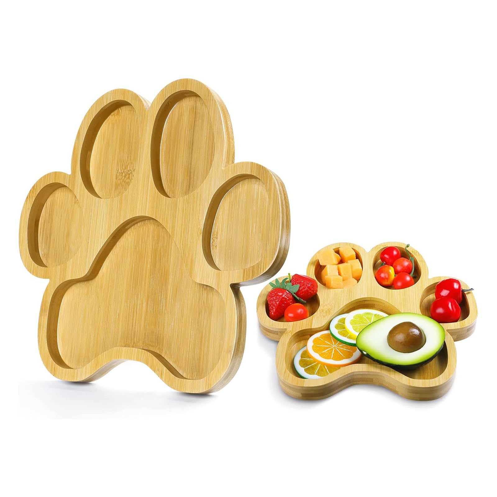 AQUGOO 1 Pcs Reusable Bamboo Plate, 10-inch Novelty Paw Shaped Tray, Multipurpose Charcuterie Boards with Grooves, Pet Themed Gift Platter, Party Snack Platters