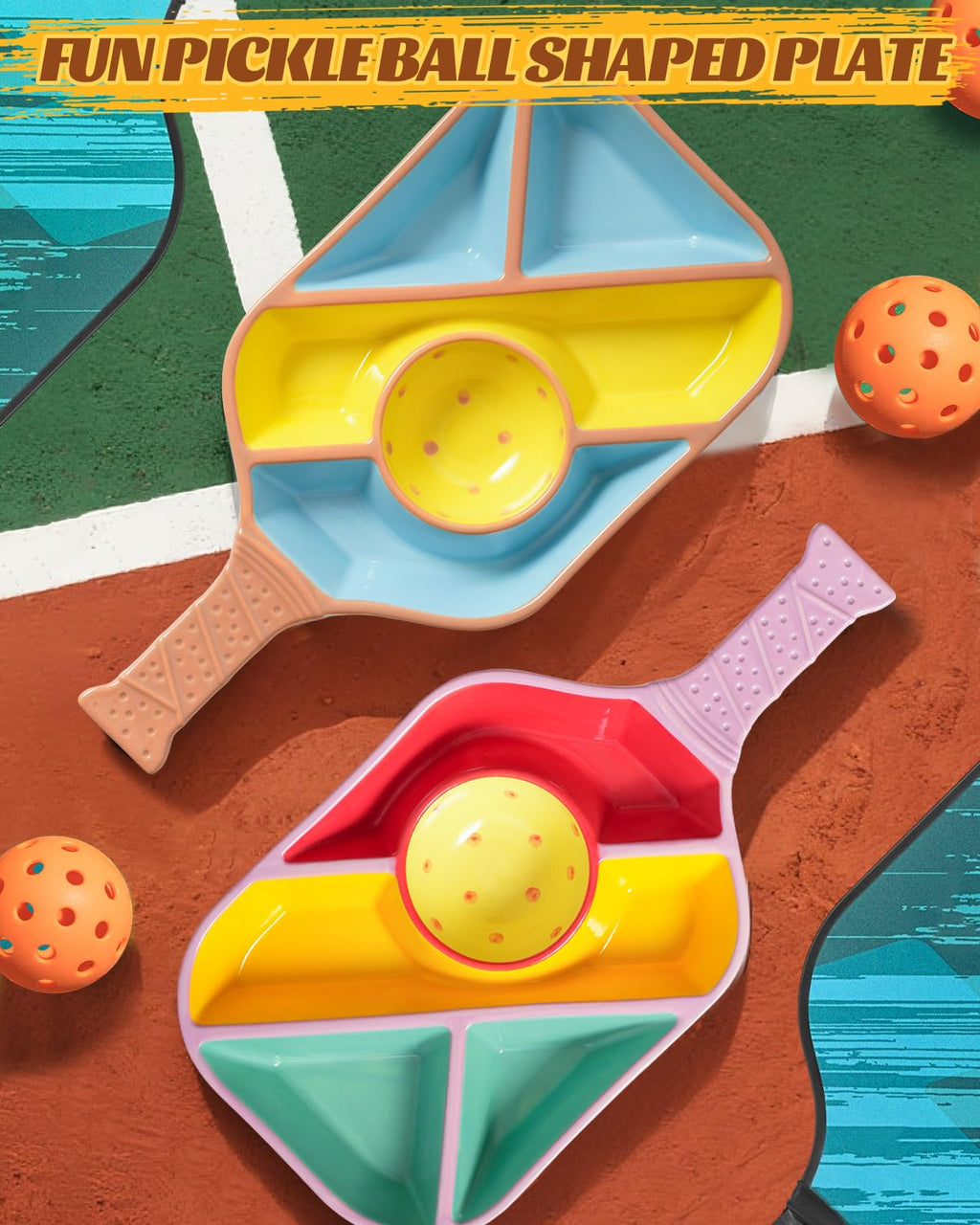 Payarma Pickleball Snack Serving Tray - Ceramic Bat Shaped Snack Platter with 5 Compartments & Dip Bowl - Fun Gift for Man & Women, Parties, Father's Day & Pickleball Accessories(Pink)