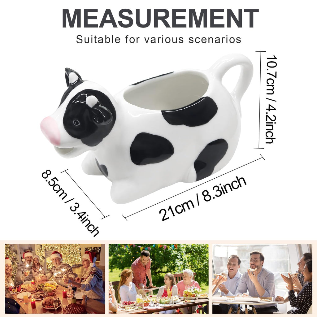 Ceramic Gravy Boat, 11oz/300ml White Gravy Boat Milk Cow Sauce Jug with Smooth Handle - Perfect for Salad Dressing, Broth, Cream, Milk - Unique Artwork for Your Kitchen