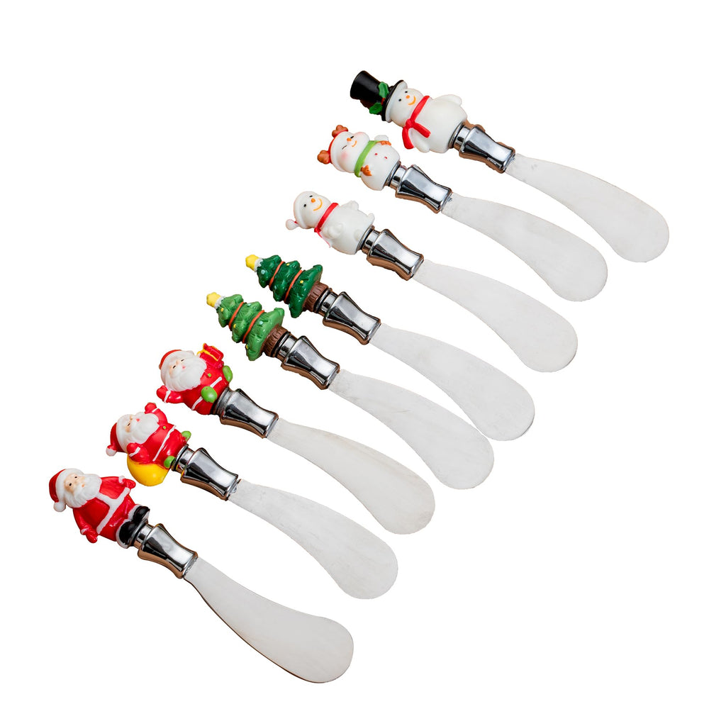 HPYNPES Christmas Cheese Spreaders Set of 8 – Holiday Resin Hand-Painted Handles with Stainless Steel Blades – Festive Butter Knives for Cheese, Jam, Spreads – Christmas Party Appetizer Serving Decor