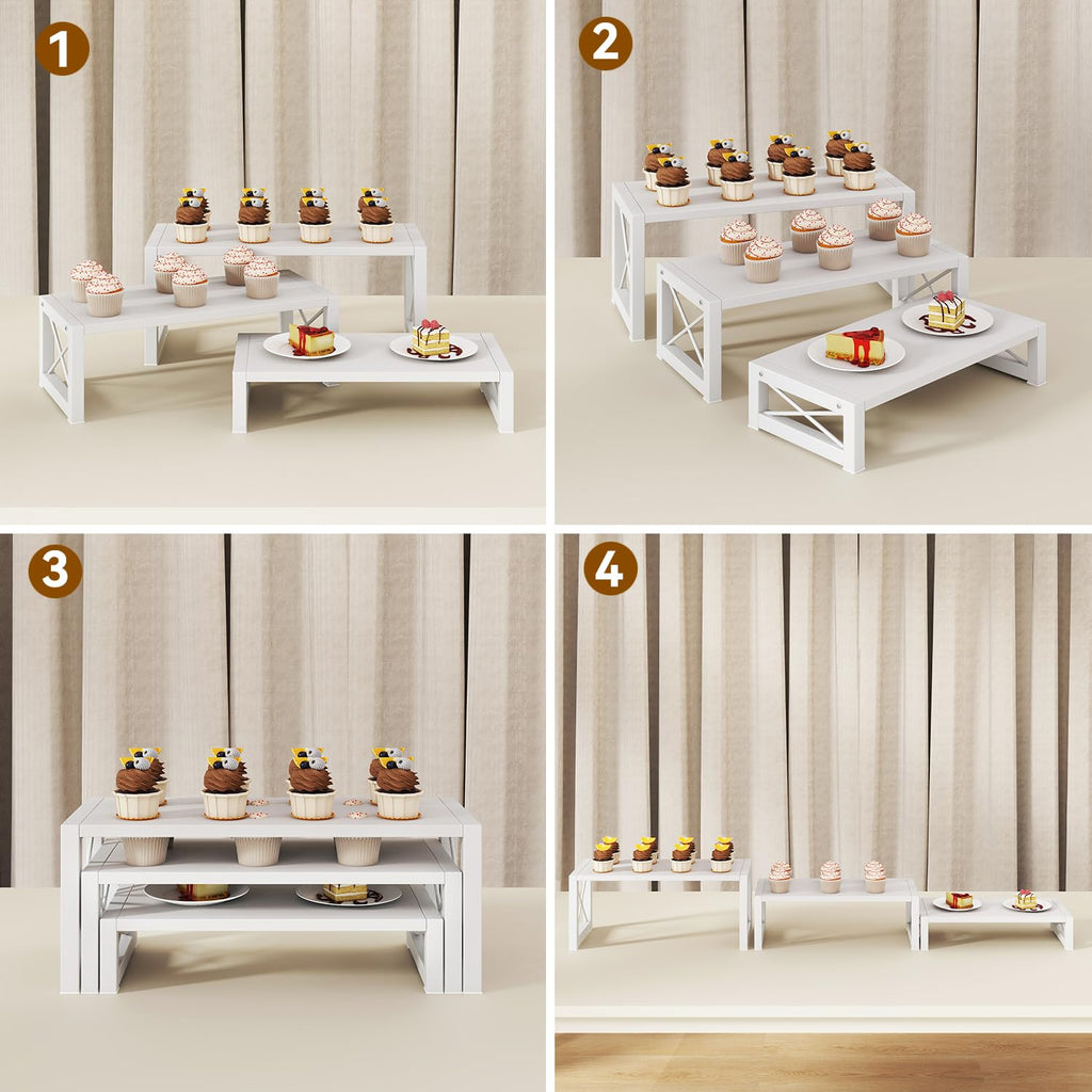 IBUYKE Cupcake Display Stand, Set of 3,Large Wood Risers Display Stands,Dessert Stand for Party,Tiered Serving Stand for Decor, Doll,Food,Perfume,White UTLJ019W