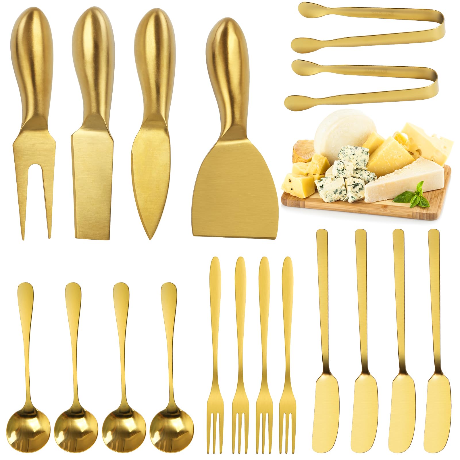YECERCAN 18 pieces Charcuterie Board Accessories, Gold Stainless Steel Cheese Knives, Butter Knife Spreader, Appetizer Forks, Mini Serving Tongs Spoons for Gathering Wedding Birthday...