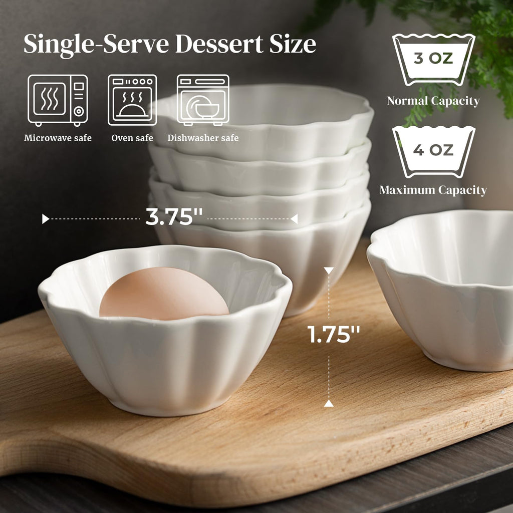 DOWAN Ramekins 4 oz, Creme Brulee Ramekins, Ramiken Oven Safe for Baking, Souffle Dishes Custard Cups, Porcelain Small Dipping Sauces Charcuterie Dessert Bowls, Ceramic Pudding Cups, Set of 6, Soft White