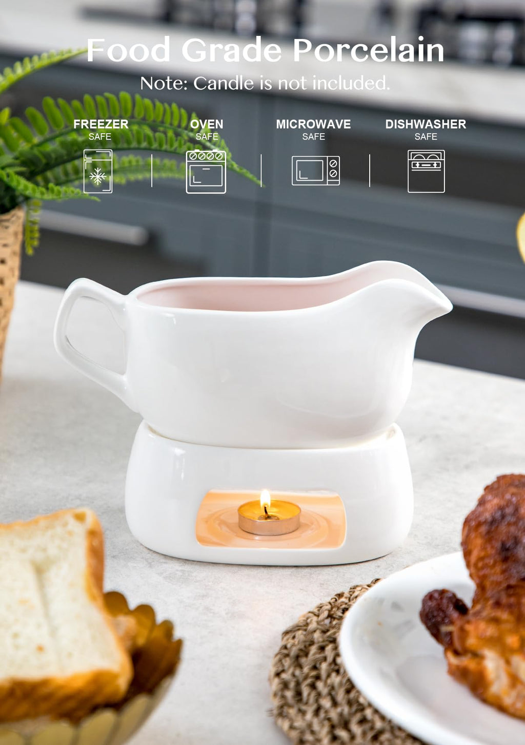 Nucookery Large 18 Oz Gravy Boat with Warmer, White Fine Porcelain Saucier with Big Dripless Lip Spout, Gravy Bowl For Thanksgiving, Warming Sauces, Salad Dressings, Microwave & Freezer Safe(Modern)