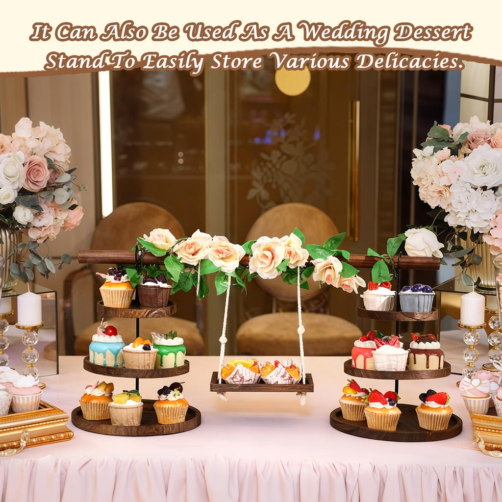 Wooden 3 Tier Cupcake Stand with Swing and Rose Vines Decor, Dessert Table Display Set Rustic Serving Tray Cupcake Tower for Cupcake, Fruit, Donut at Tea Party,Birthday, Baby Shower,Wedding,Christmas