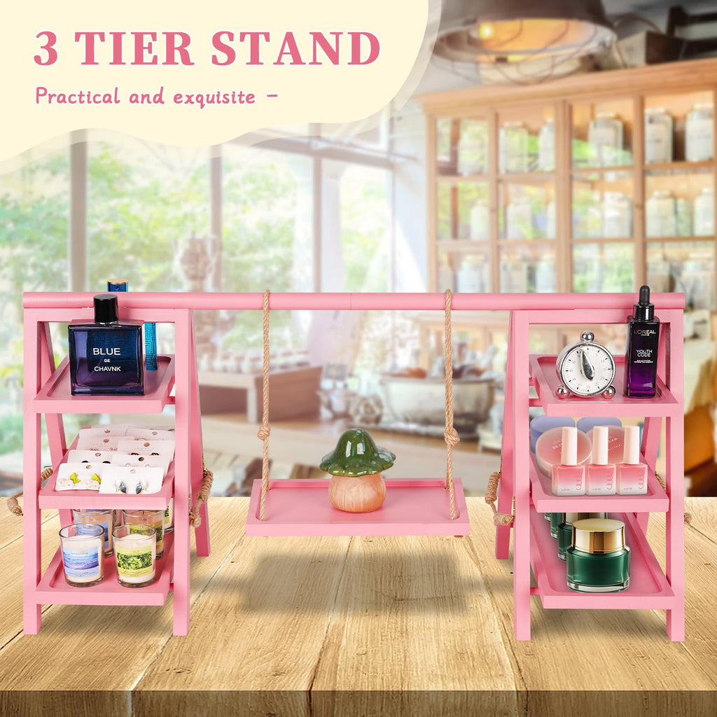 Flenpptly Wooden Cupcake Stand, 3 Tier Cupcake Display Stand for Dessert Display, Dessert Stands with Serving Tray and Foldable Stand for Party, Birthday, Wedding, Events, Baby Shower (Pink)