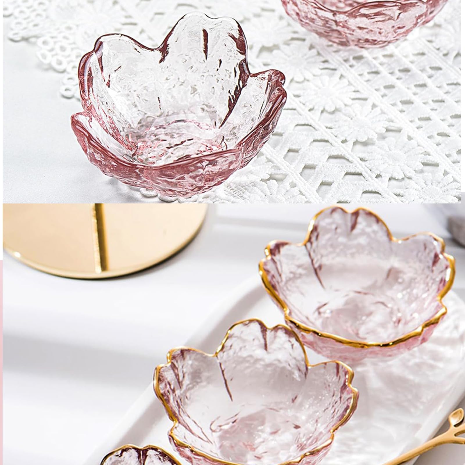 husippend Seasoning bowls with gold rim,6 pcs Pink Cherry Flower Crystal Glass Appetizer Plates dipping bowls ice cream Sushi,pink glass plates mini for charcuterie board (Phnom Penh)