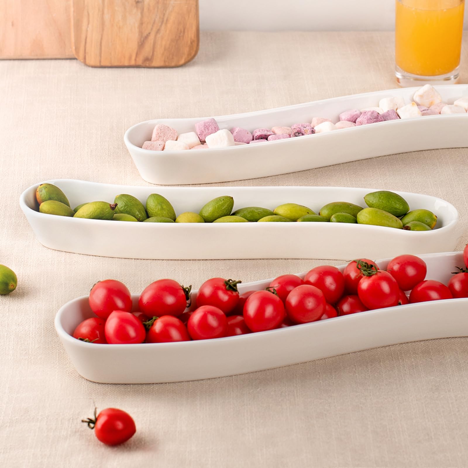 3-Pack Olive Plates-Versatile Ceramic Olive Tray for Snacks, Appetizers Platter-Long Arc Shape Boat Tableware for Entertaining and Displaying Appetizers-Dishwasher & Microwave Safe (12 inches)