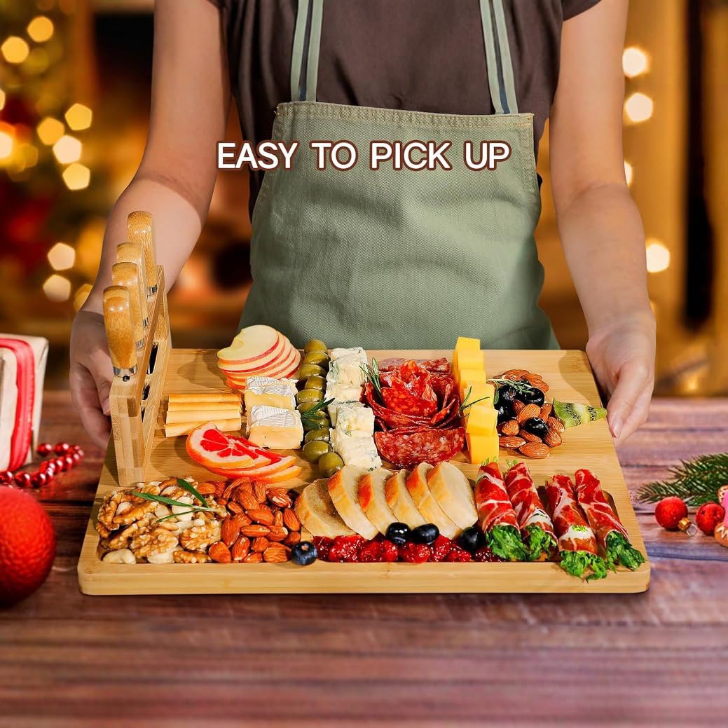 Bamboo Cheese Board and Knife Set, Charcuterie Board Set, Wine Meat Cheese Platter Serving Board with 4 Stainless Steel Knife,Cheese Plate Set,Perfect for Birthday, Housewarming, Christmas,14 x 11’’