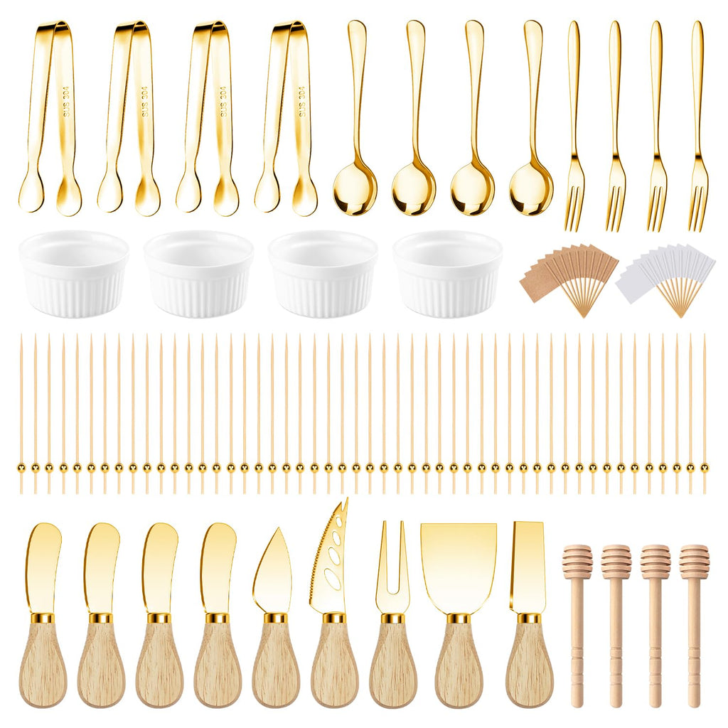 Charcuterie Boards Accessories Gold Charcuterie Utensils 169Pcs Cheese Spreader Knife Set Small Serving Tongs Forks and Spoons Dipping Bowls Honey Dipper Toothpick Flags Cocktail Picks