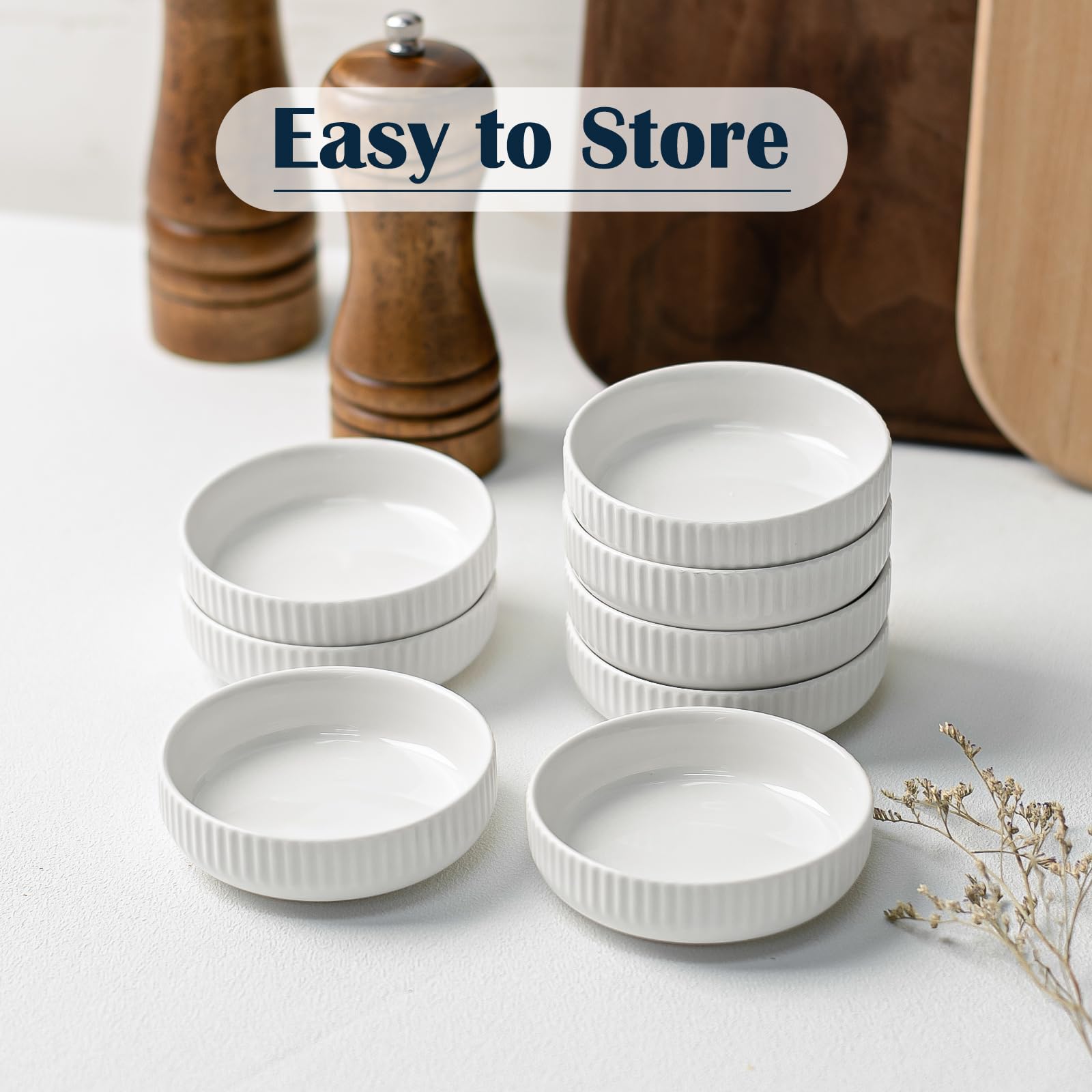 KOBIKOBI 3 Oz 8 Pack Dipping Bowls Set - Ceramic Dipping Sauce, Soy Sauce Dish, Side Dish, Small Serving Bowls for Kitchen, BBQ, Condiments, Appetizer, Dessert, Sushi, Party - White Japanese design