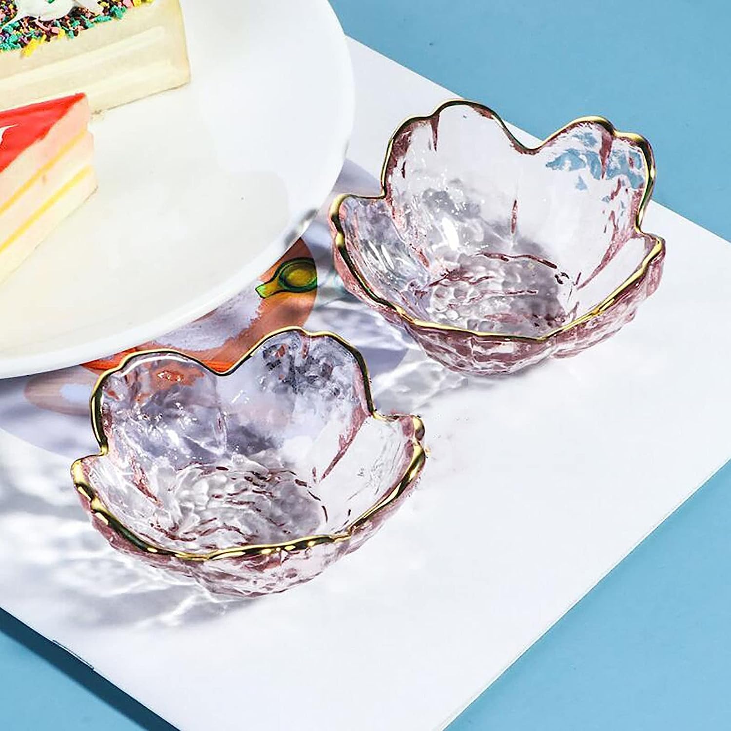 husippend Seasoning bowls with gold rim,6 pcs Pink Cherry Flower Crystal Glass Appetizer Plates dipping bowls ice cream Sushi,pink glass plates mini for charcuterie board (Phnom Penh)