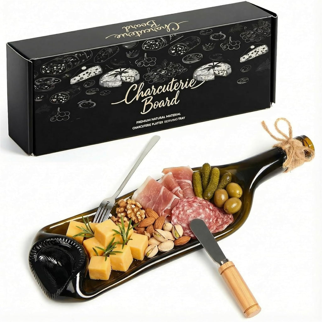 Bokon 1 Pcs Melted Wine Bottle Serving Board Decorative Cheese Tray Charcuterie Board with Knife Fork Cracker Platter Wine Lover Gift for Party Valentines Housewarming Accessories (Brown)