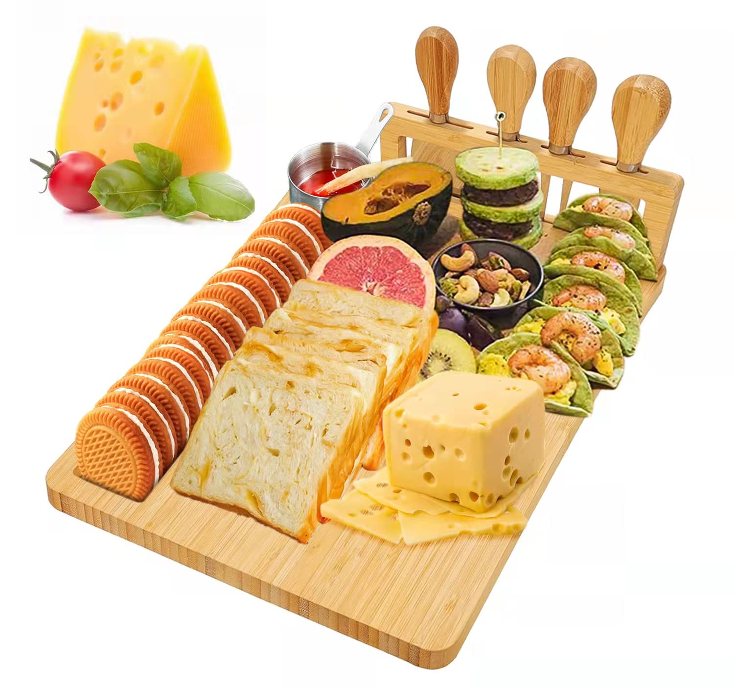 Bamboo Cheese Board, Cheese Tray with 4 Stainless Cutlery Set,Charcuterie Board and Serving Meat Platter, Cheese Platter Gift for Christmas, House Warming, Thanksgiving