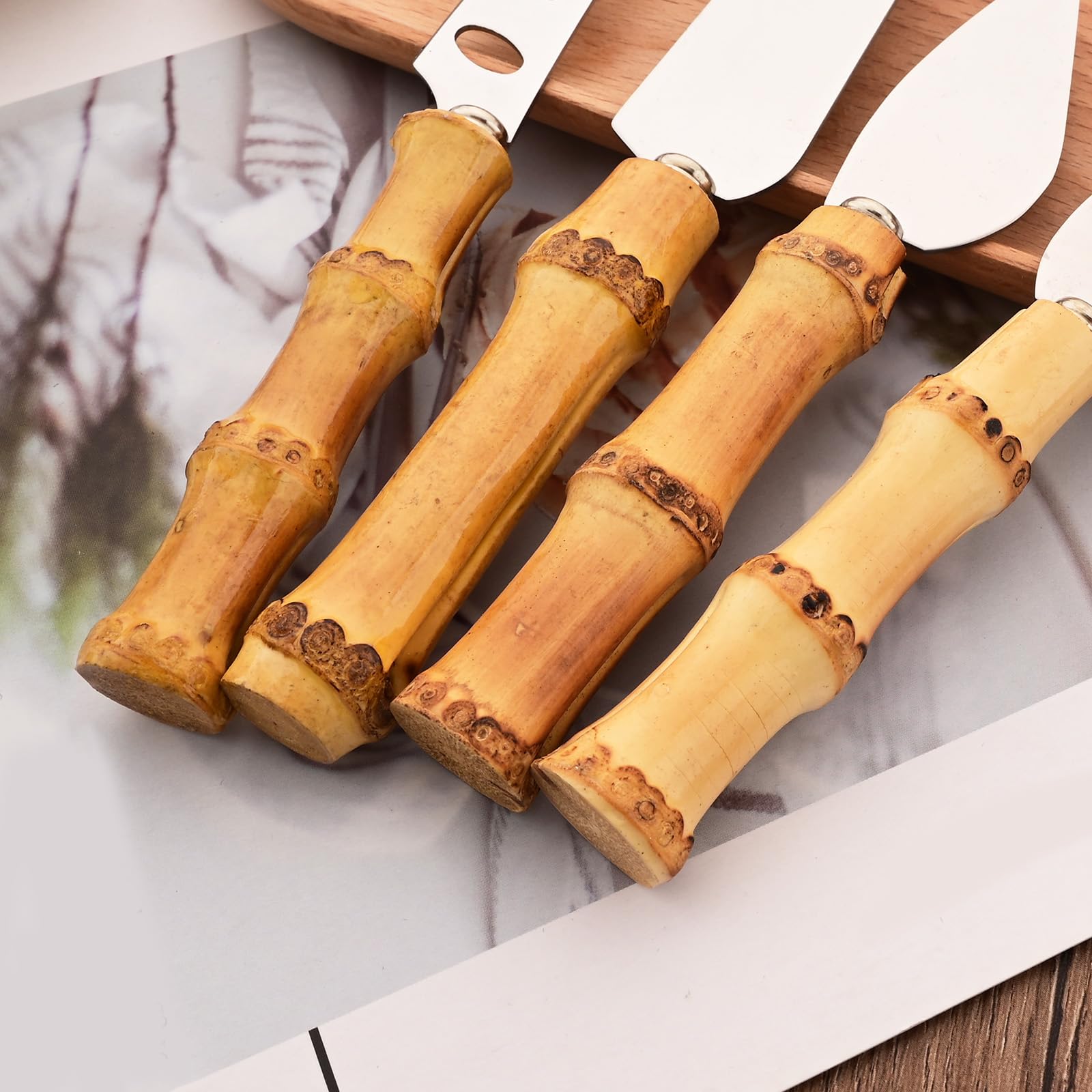 Uniturcky Bamboo Cheese Knife Set, 8-Piece Steel Stainless Cheese knife Set with Bamboo Handle, Mini Cheese Cutter, Cheese Fork, Cheese Slicer, Spreader, For Party, Travel and Kitchen