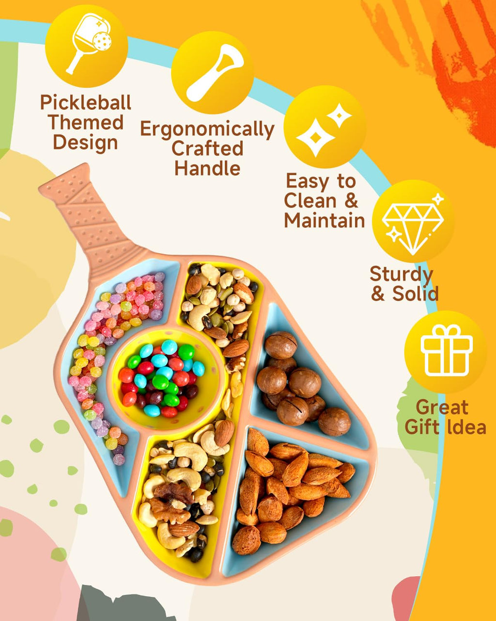 Payarma Pickleball Snack Serving Tray - Ceramic Bat Shaped Snack Platter with 5 Compartments & Dip Bowl - Fun Gift for Man & Women, Parties, Father's Day & Pickleball Accessories(Pink)