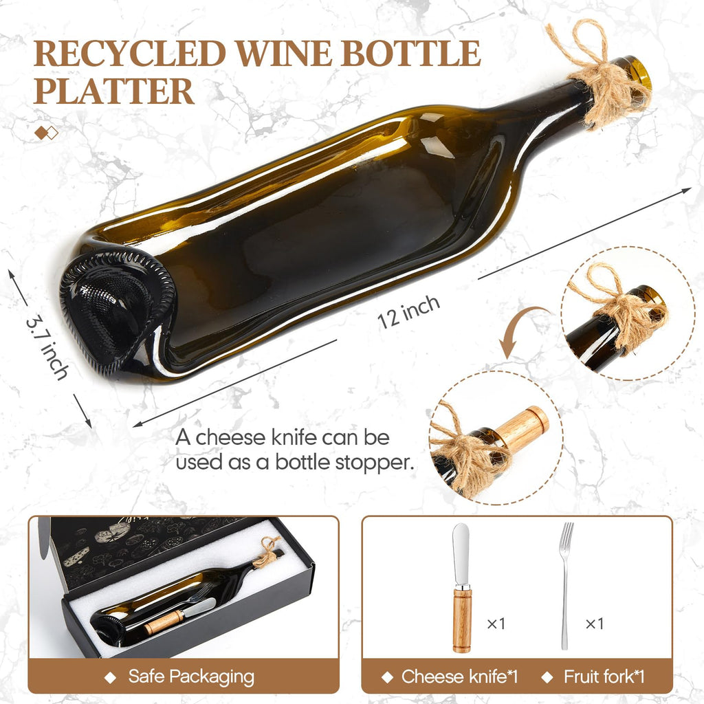 Bokon 1 Pcs Melted Wine Bottle Serving Board Decorative Cheese Tray Charcuterie Board with Knife Fork Cracker Platter Wine Lover Gift for Party Valentines Housewarming Accessories (Brown)