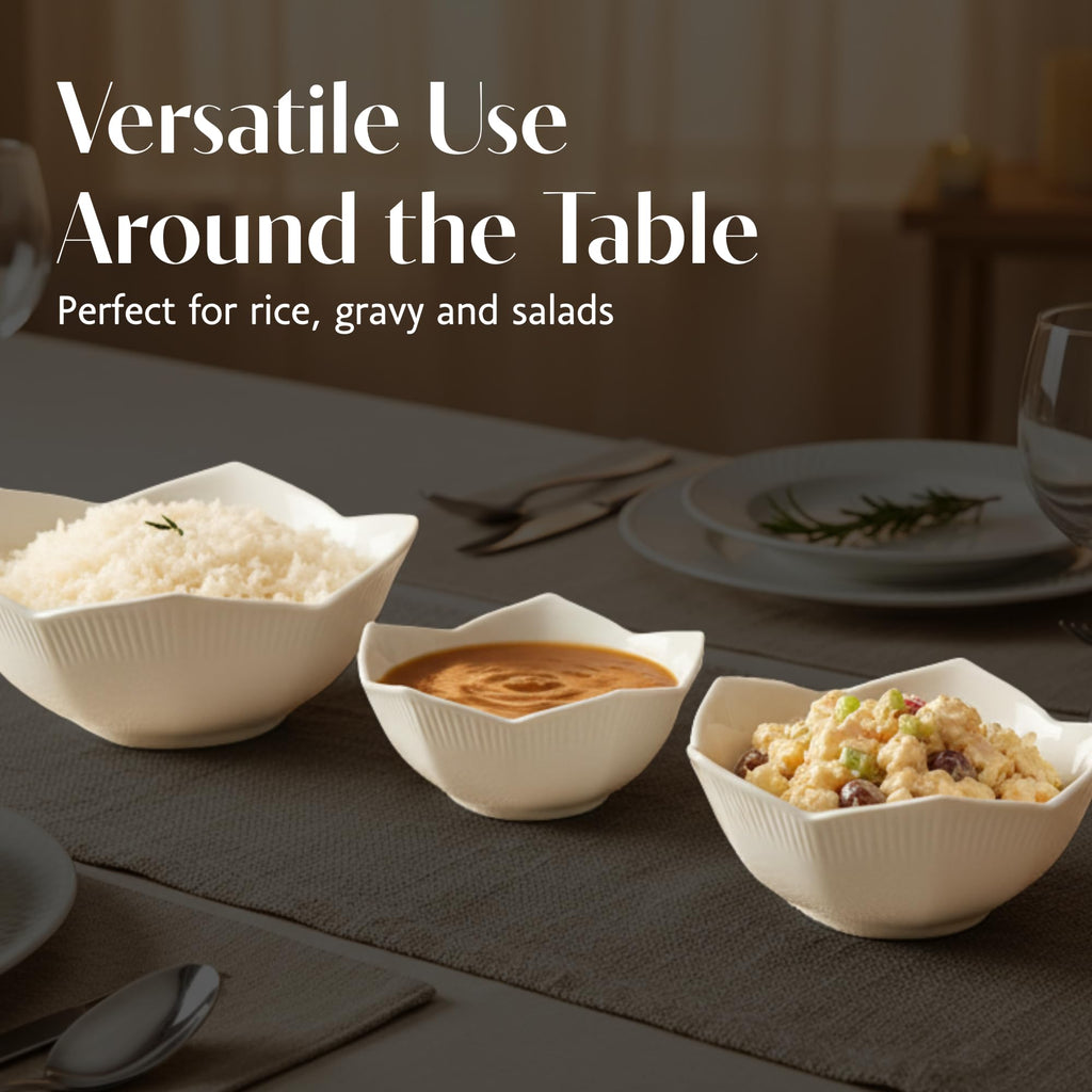 BIA Cordon Bleu Lotus Bowl, Set of 3 (3.5", 5", 6") - Asian-Inspired Nesting Bowls, Ideal for Sauces, Snacks, Rice, Salad & Soup - White Porcelain, Microwave & Dishwasher Safe - Ideal for Hosting