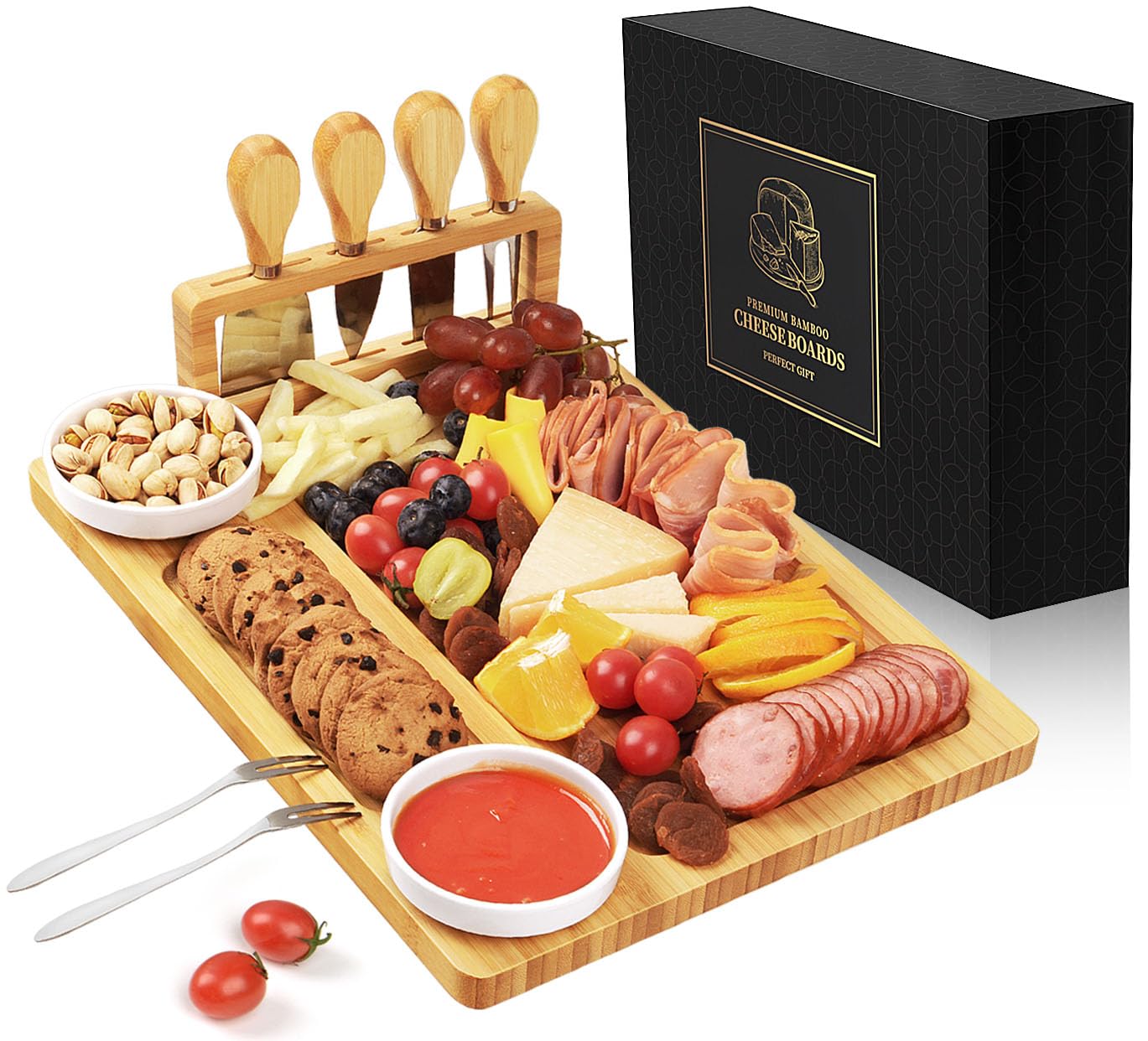 Bamboo charcuterie boards Gift Set - Serving Meat Cheese Board, Charcuterie Board Set with 4 Stainless Steel Cheese Knife, Ideal for House Warming Gifts New Home, Christmas, Bridal Shower Gift
