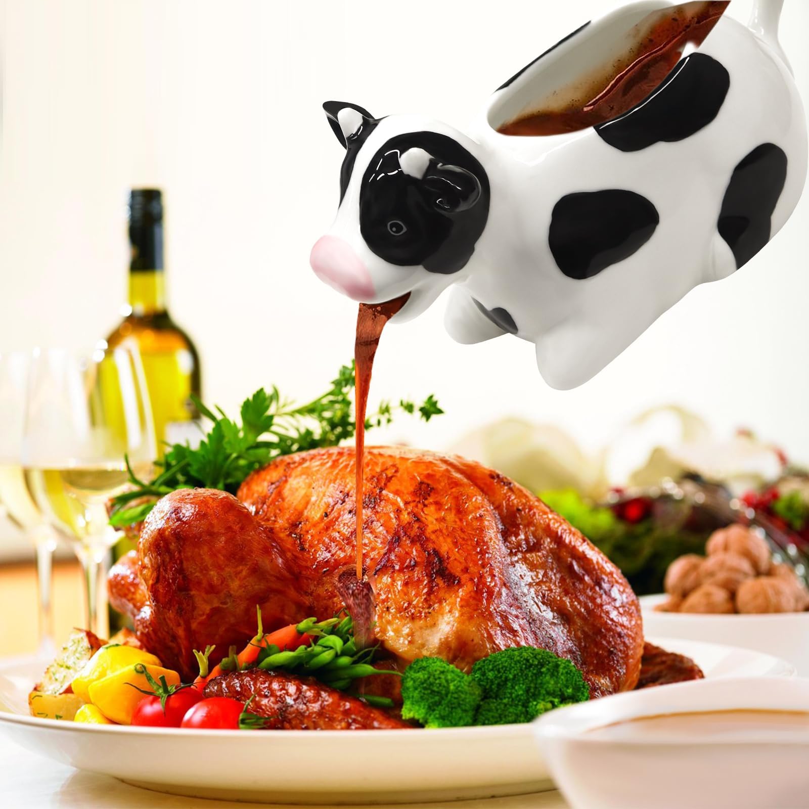 Ceramic Gravy Boat, 11oz/300ml White Gravy Boat Milk Cow Sauce Jug with Smooth Handle - Perfect for Salad Dressing, Broth, Cream, Milk - Unique Artwork for Your Kitchen