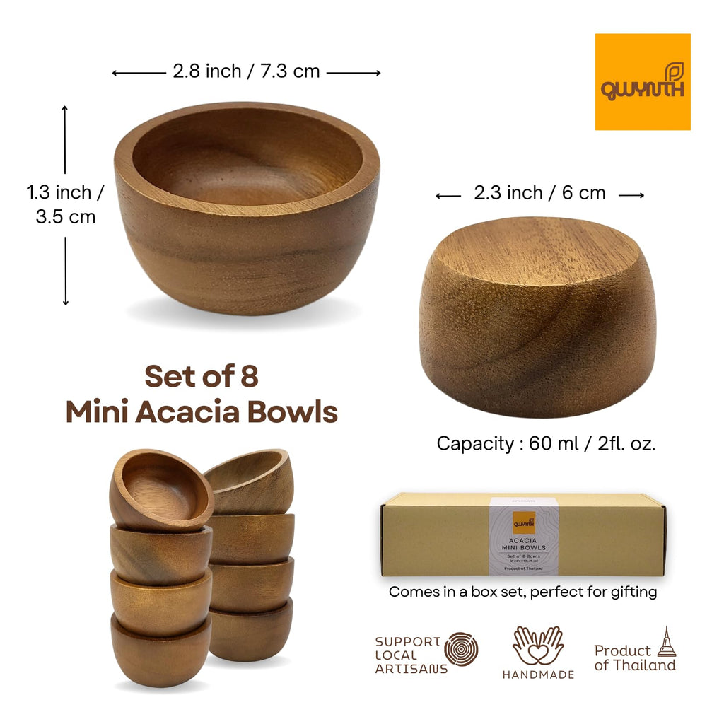 gwynth Small Round Acacia Wood Bowls 8 Pcs, 2.8" Diameter Hand Carved Wooden Bowl Set for Dipping Sauce, Salsa, Prep, Salt, Condiments, Charcuterie board accessories