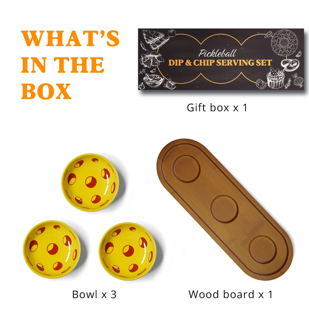 DWATAN Pickleball Snack Serving Tray, Pickleball Lover Gifts for Women Men, Ceramic Dipping Bowls with Wood Charcuterie Board, Birthday Party Decoration Accessories for Taco Sauce, Dessert, Salsa