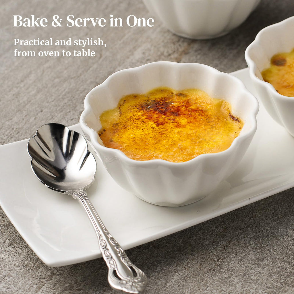 DOWAN Ramekins 4 oz, Creme Brulee Ramekins, Ramiken Oven Safe for Baking, Souffle Dishes Custard Cups, Porcelain Small Dipping Sauces Charcuterie Dessert Bowls, Ceramic Pudding Cups, Set of 6, Soft White