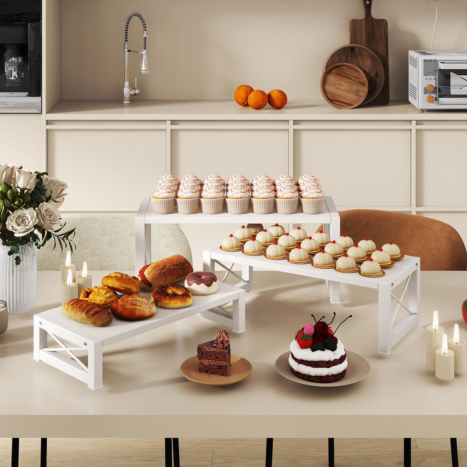 IBUYKE Cupcake Display Stand, Set of 3,Large Wood Risers Display Stands,Dessert Stand for Party,Tiered Serving Stand for Decor, Doll,Food,Perfume,White UTLJ019W