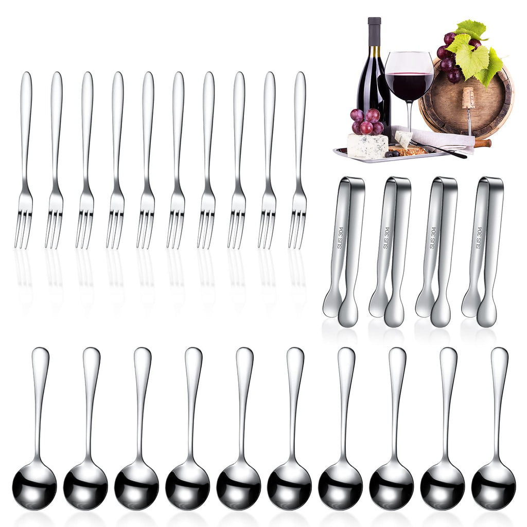 Cunhill 24 Pcs Charcuterie Accessories Mini Cocktail Tongs Small Serving Spoons and Appetizer Forks Stainless Steel Tongs Charcuterie Utensils for Valentine Party Supplies(Circular Spoon,Silver)