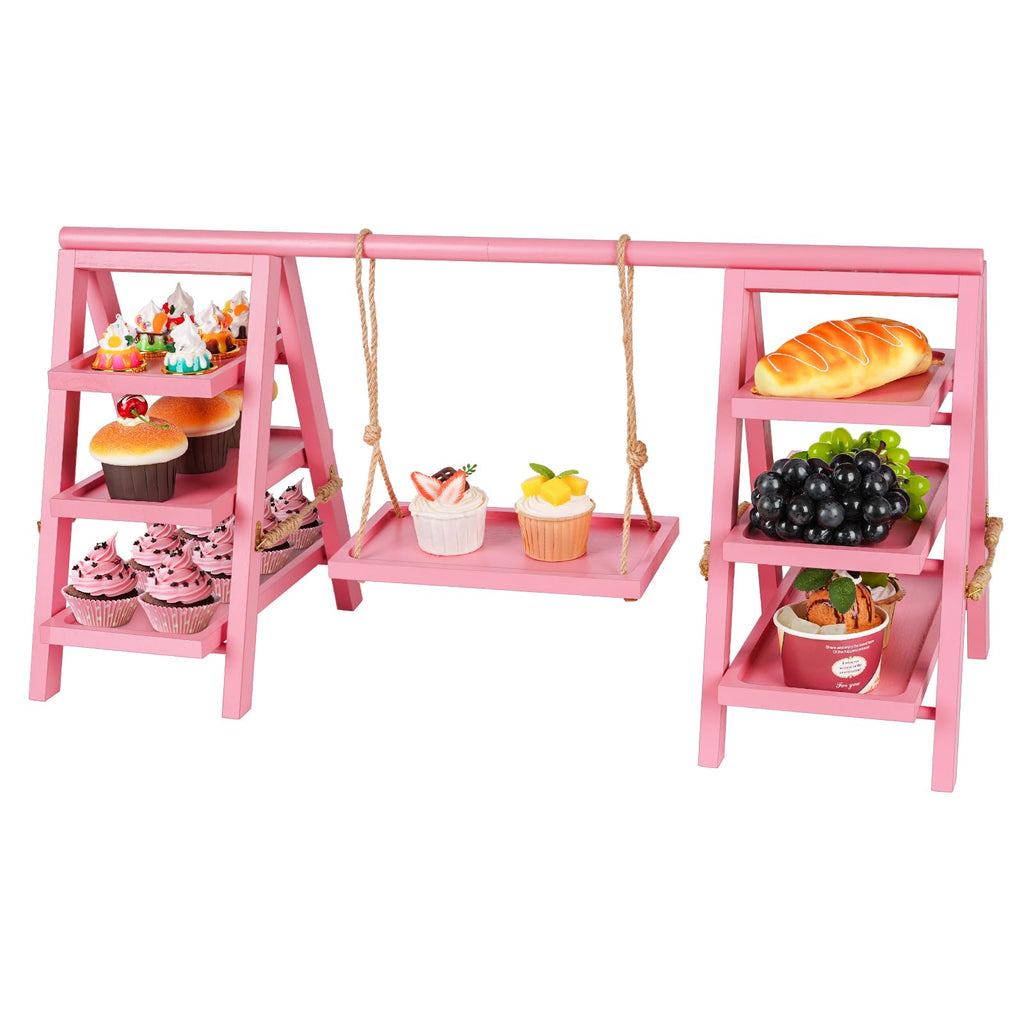 Flenpptly Wooden Cupcake Stand, 3 Tier Cupcake Display Stand for Dessert Display, Dessert Stands with Serving Tray and Foldable Stand for Party, Birthday, Wedding, Events, Baby Shower (Pink)