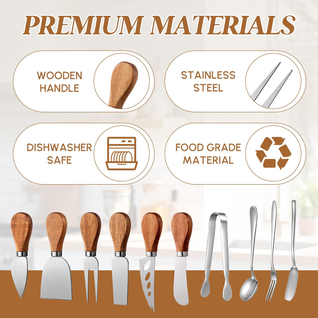 Hushee 44 Pcs Charcuterie Boards Accessories with Magnetic Acacia Wood Holder Wooden Cheese Knife Set for Wood Handle Knives for Cheese Knife Slicer with Tongs, Spoons, Forks, Honey Dipper (Style 2)