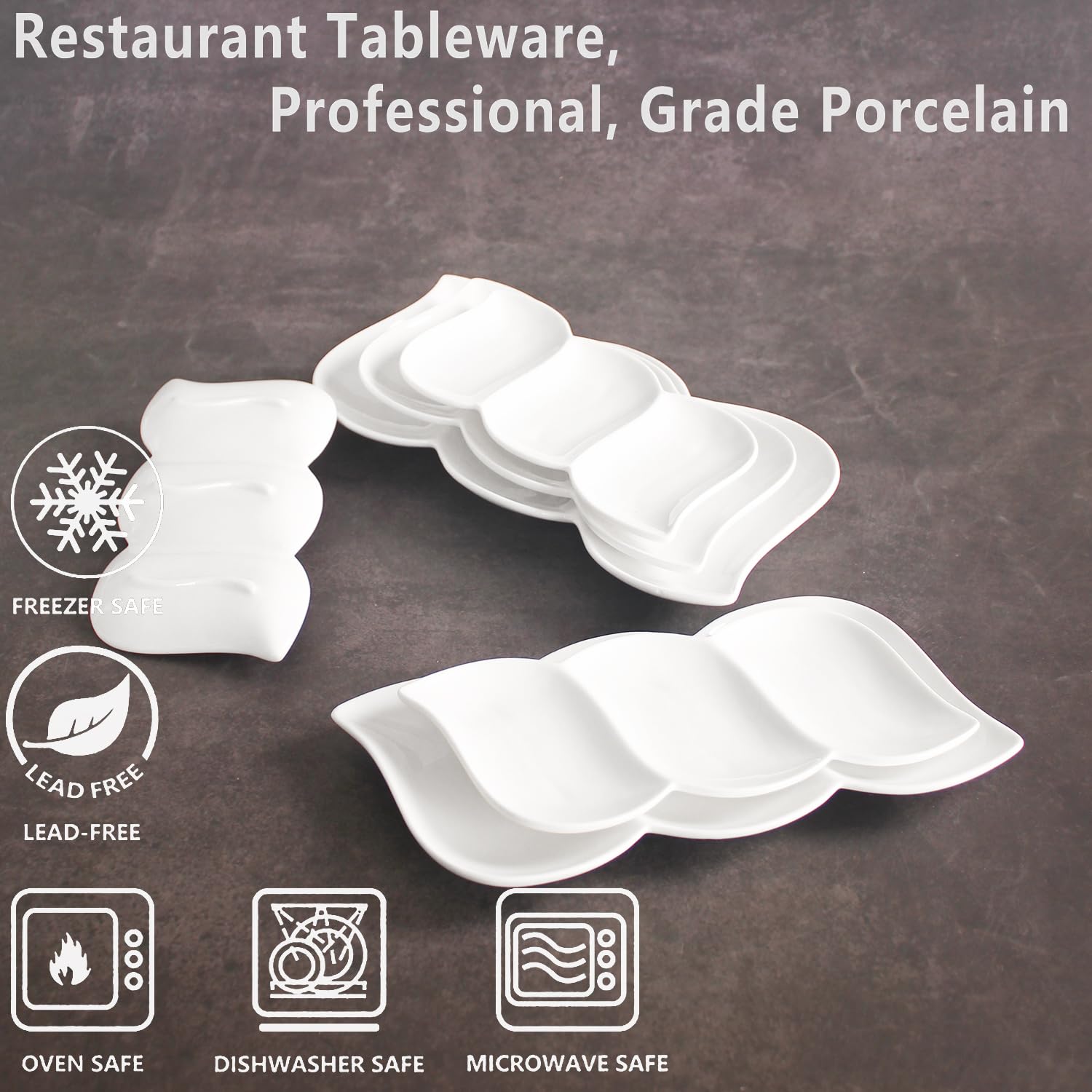 Creativity Home Chip and Dip Serving Set Porcelain Tray Deep Divided Bowl,Set of 4 Divided Platters/Divided Bowls,Lunch&buffet tableware,for Dishwashers,microwaves,ovens safety 10.4 Inch