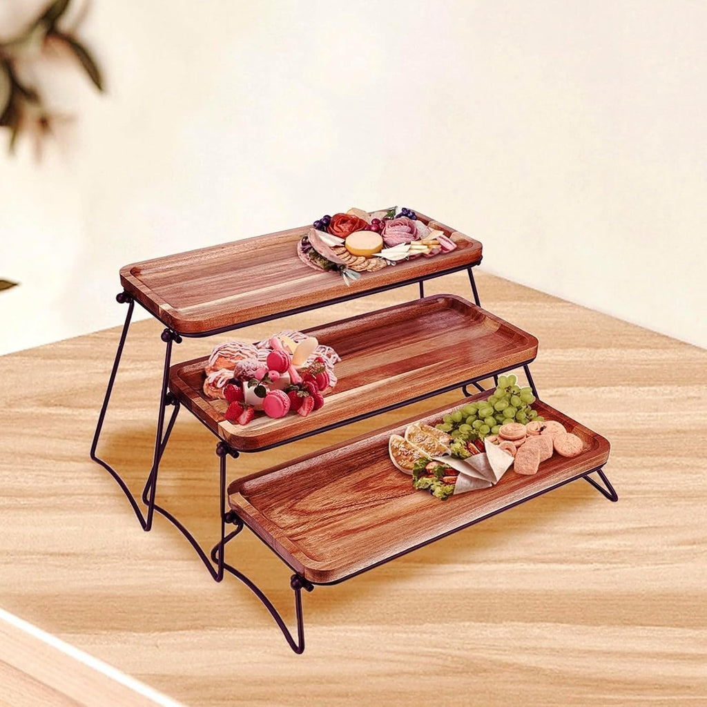 3 Tier Cupcake Stand and Towers Serving Tray for Party, Acacia Wooden Dessert Table Display Set, Rustic Wood Serving Platters & Charcuterie Board for Party, Picnic, Buffet (Brown)