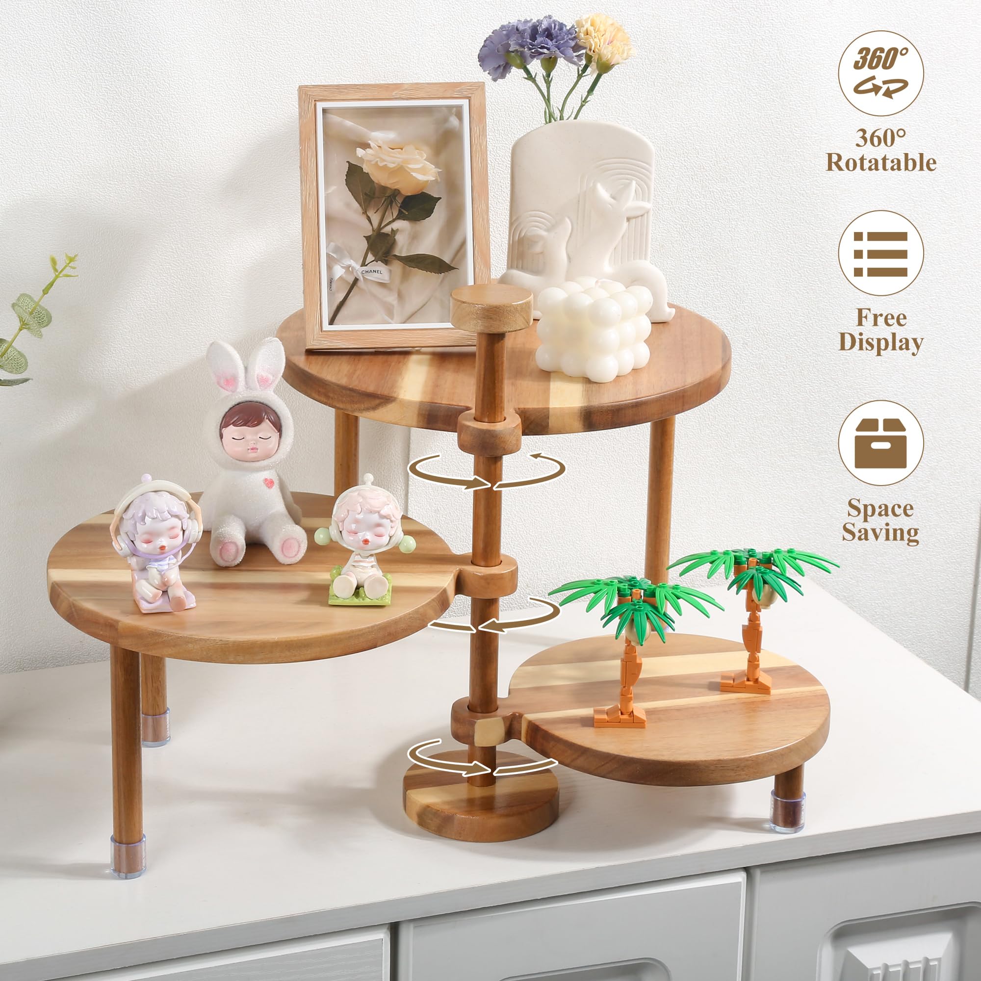GEHE 3 Tier Round Cupcake Stand, 360° Rotatable Acacia Wood Cake Stand Cupcake Tower, Rustic Wooden Tiered Dessert Table Display Set, Tiered Tray Stands for Birthday, Wedding Party
