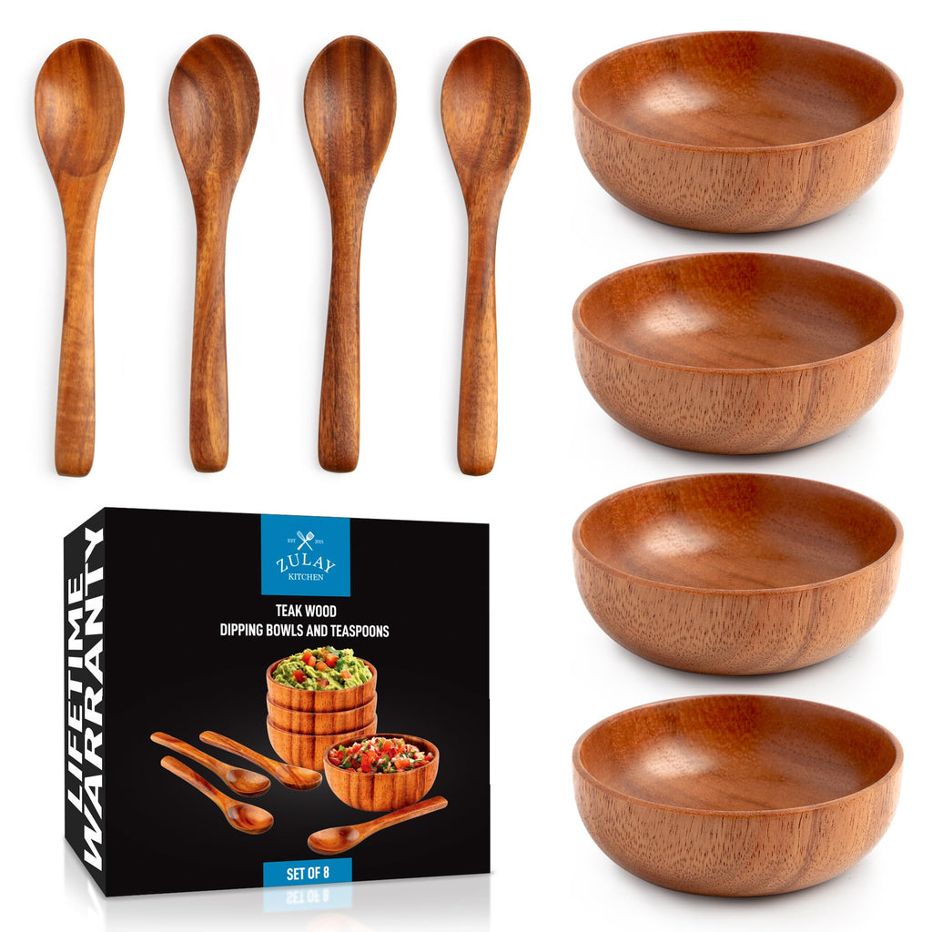 Zulay Kitchen Teak Wood Dipping Bowls with Spoons Set – 8 Piece Wooden Serving Set with 4 Mini Bowls and 4 Small Spoons, Handcrafted Natural Teak Wood, Durable & Smooth Finish