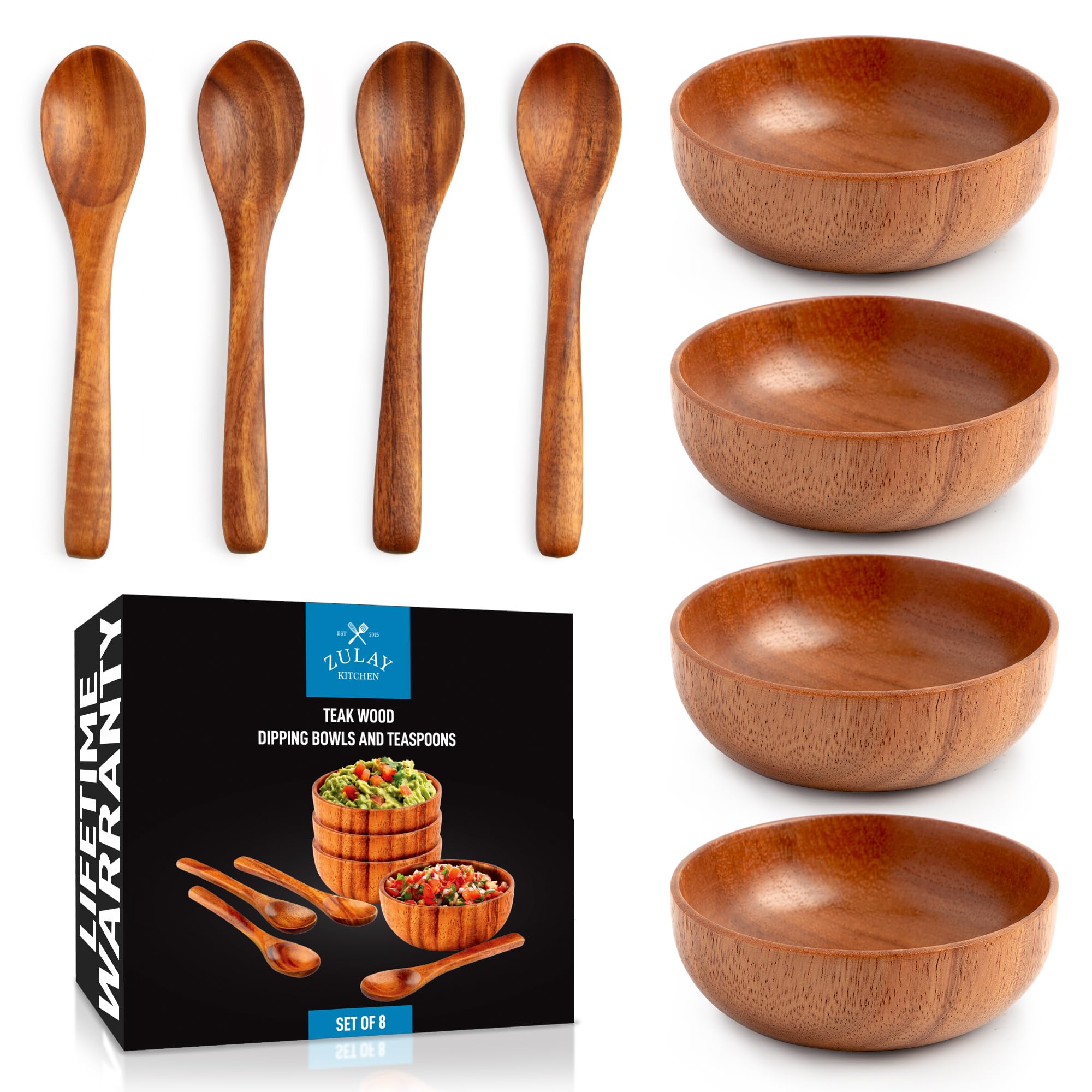 Zulay Kitchen Teak Wood Dipping Bowls with Spoons Set – 8 Piece Wooden Serving Set with 4 Mini Bowls and 4 Small Spoons, Handcrafted Natural Teak Wood, Durable & Smooth Finish