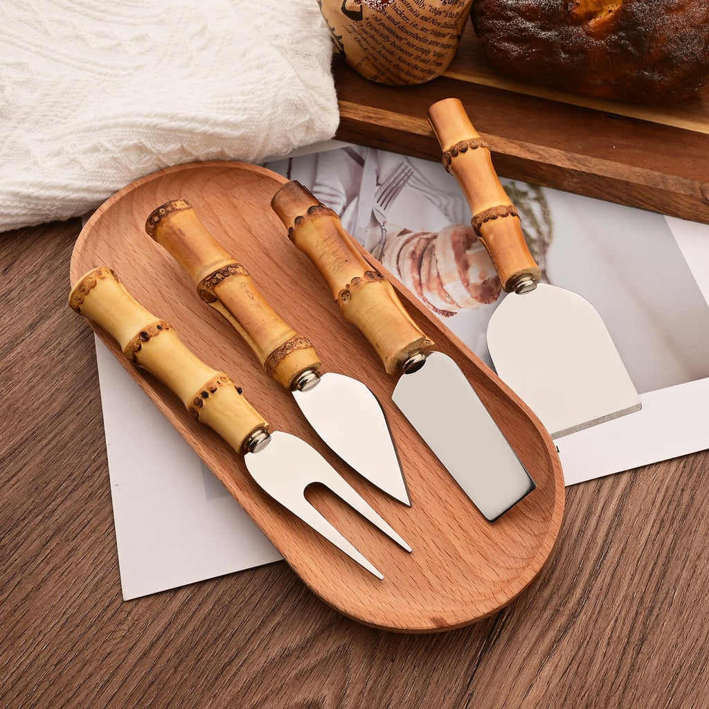 Uniturcky Bamboo Cheese Knife Set, 8-Piece Steel Stainless Cheese knife Set with Bamboo Handle, Mini Cheese Cutter, Cheese Fork, Cheese Slicer, Spreader, For Party, Travel and Kitchen