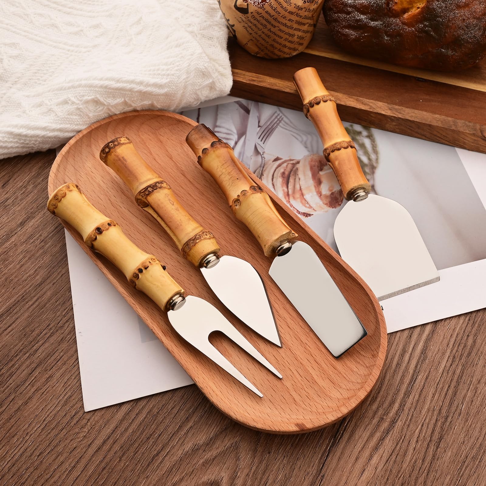 Uniturcky Bamboo Cheese Knife Set, 8-Piece Steel Stainless Cheese knife Set with Bamboo Handle, Mini Cheese Cutter, Cheese Fork, Cheese Slicer, Spreader, For Party, Travel and Kitchen